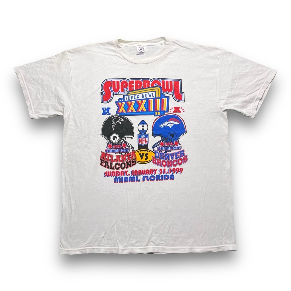 RARE Vintage 1999 Super Bowl XXXIII Broncos Vs Falcons Helmet Tee Sz XL DeltaOBO